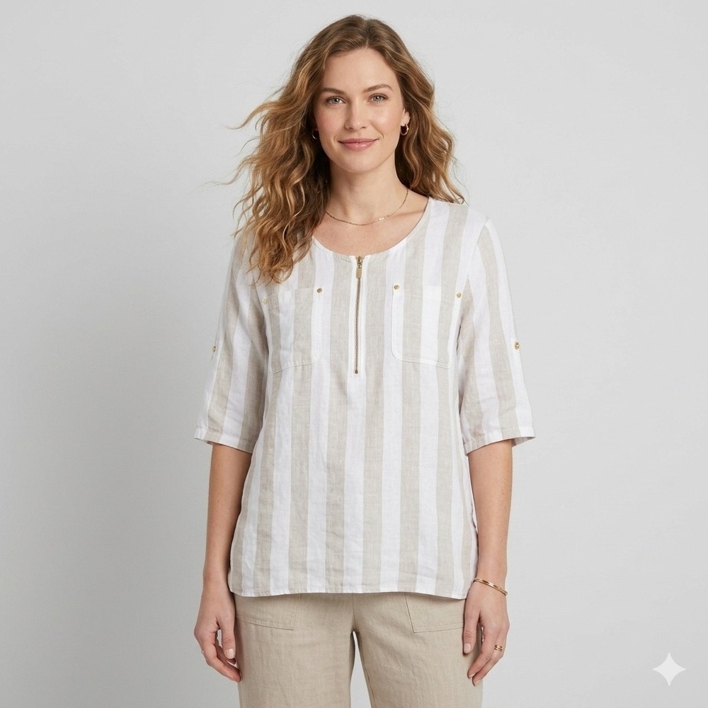 Ellen Tracy Linen Tunic Women XL Tan White Stripe Zip Neck Coastal Summer